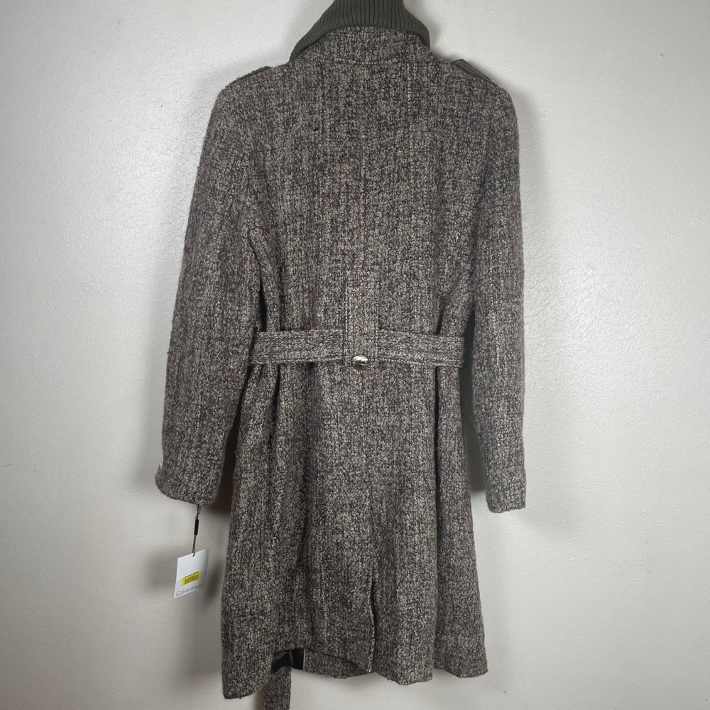 Calvin Klein Womens Wool Blend Double Breasted Belted Coat Taupe Tweed 10 NWT - Picture 6 of 9